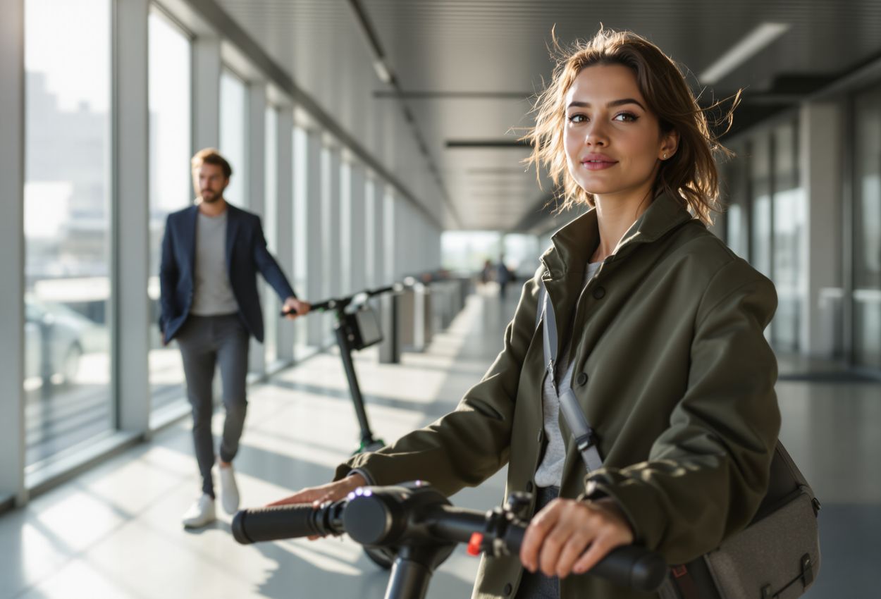 A detailed daytime urban photo of a commuter emerging from a modern public transit hub onto an electric scooter. The image shows realistic skin textures, designer athleisure, polished scooter surfaces and architectural reflections in soft natural light.