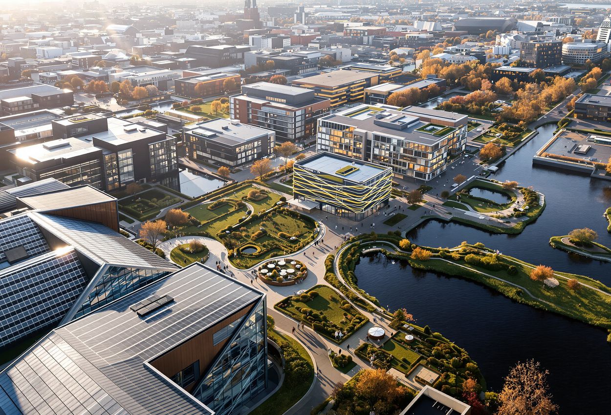An aerial photograph taken during the day on November 1, 2025, of Stockholm Royal Seaport, showing energy‑efficient buildings with solar panels, interconnected green roofs and stormwater gardens, parks with birch trees, and harbor waters under soft natural daylight.