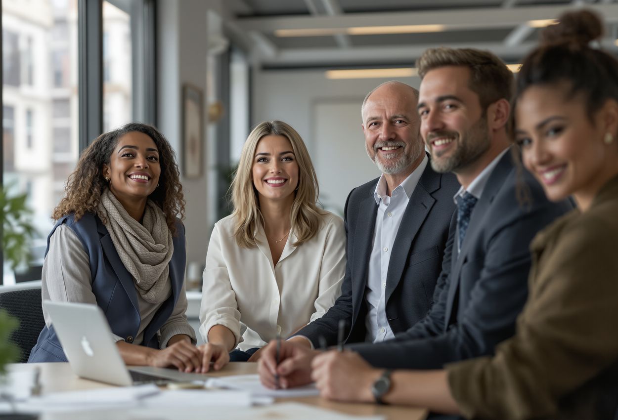 A realistic image of a diverse group of professionals—a government official, industry leader, academic, data scientist, and urban planner—collaborating around a table with maps and screens in a smart city planning office, capturing their interaction, attire, and environment in vivid detail.