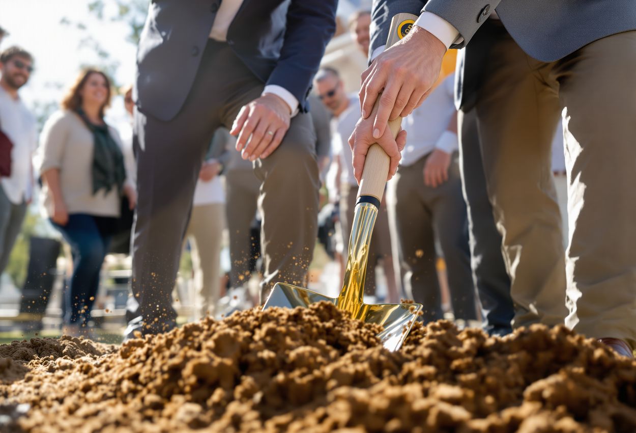 A wide‑angle color photograph of a groundbreaking ceremony under natural daylight. In the foreground, a woman and man in tailored suits hold a ceremonial shovel touching rich soil. Behind them, community members stand near a modern tram mock‑up and scaffolding. Rolling green hills and a partly cloudy sky complete the scene.
