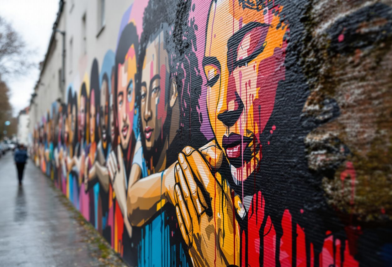 A close‑up photograph shows a vibrant, weathered mural in Berlin’s Kreuzberg district, depicting a diverse group of people holding hands in a strong horizontal composition. The overcast autumn light softly highlights the bold colors and textured wall surface, emphasizing realism and unity.