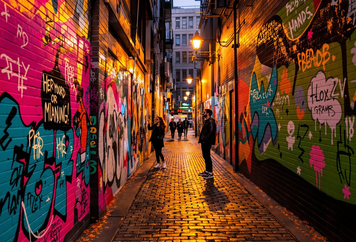 A narrow Melbourne laneway at night in November, covered top to bottom in bold street art. Warm amber streetlights illuminate textured brick, spilled neon spray‑paint, and two stylish people admiring the walls.