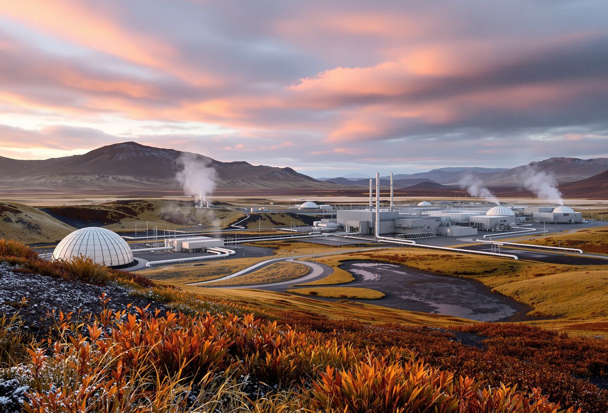 A detailed landscape photograph of Hellisheiði Geothermal Power Station in autumn: a wide‑angle view shows steaming wellheads, steel pipelines and turbines surrounded by golden and russet foliage set against volcanic ridges under a soft natural sky.