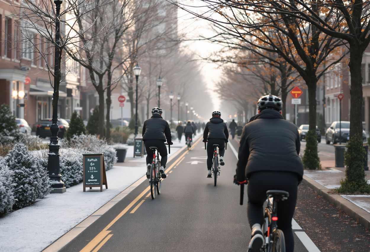 A crisp autumn city scene at street level: cyclists in stylish coats ride in a dedicated bike lane edged by planters, pedestrians walk along wide greener sidewalks, and an electric bus or tram passes by historic commercial buildings under soft natural light.