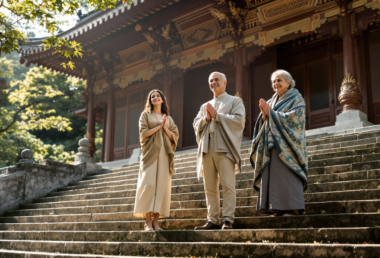 Image shows three respectful travelers—a young woman, middle‑aged man, elder guide—at a temple’s stone steps and intricately carved wooden façade lit by warm daylight, capturing textures of aged stone and fabric in a candid cultural scene.