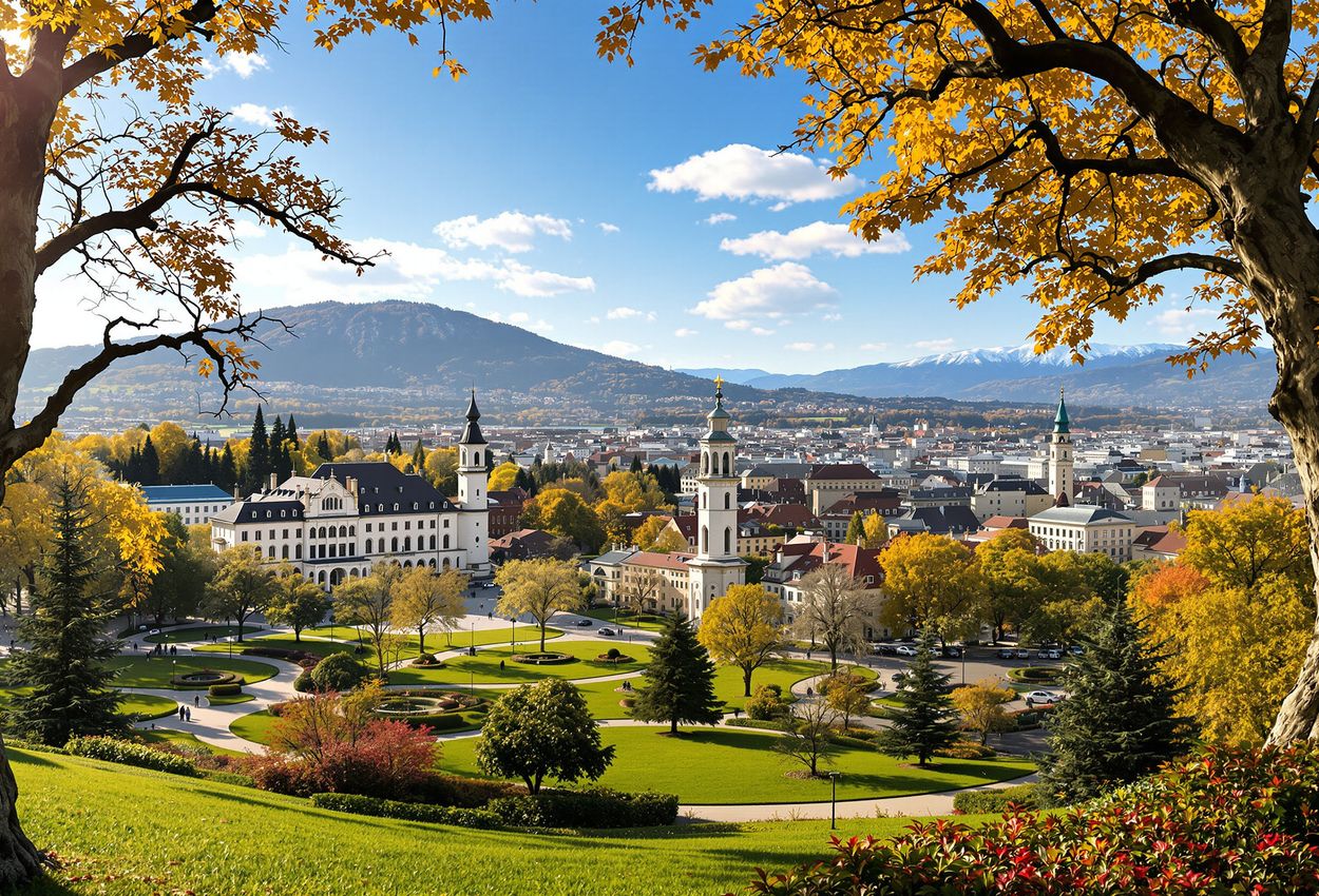 A detailed panoramic photograph of Maribor, Slovenia on a sunny day, showing the green City Park in the foreground with historic Town Hall, Plague Column, and Water Tower in the center, and the tree‑covered Pohorje Mountains rising behind under a clear sky.