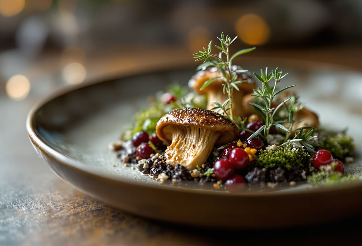 A richly detailed macro photograph of an autumn tasting dish featuring foraged mushrooms, deep‑red berries, and fresh herbs artfully arranged on a rustic ceramic plate. The focused lighting accentuates textures like the wet mushroom surfaces, porous glaze, translucent berry skins, and fine herb needles, set against a softly blurred background.