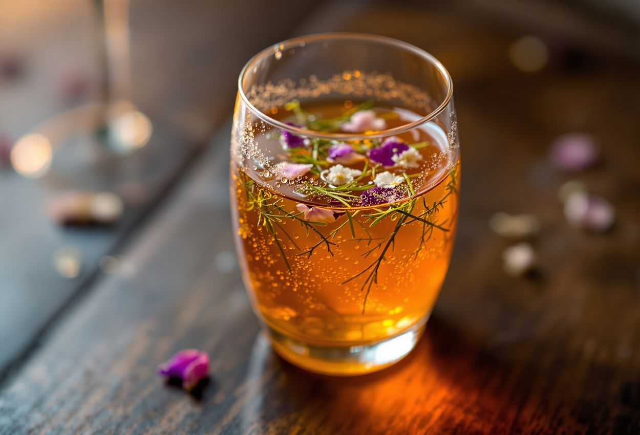 A close‑up photograph of a crystal glass holding amber‑orange juice garnished with foraged herbs and flower petals, sharply focused droplets on the glass, dramatic warm light, blurred background evoking a luxurious, serene gastronomic moment.