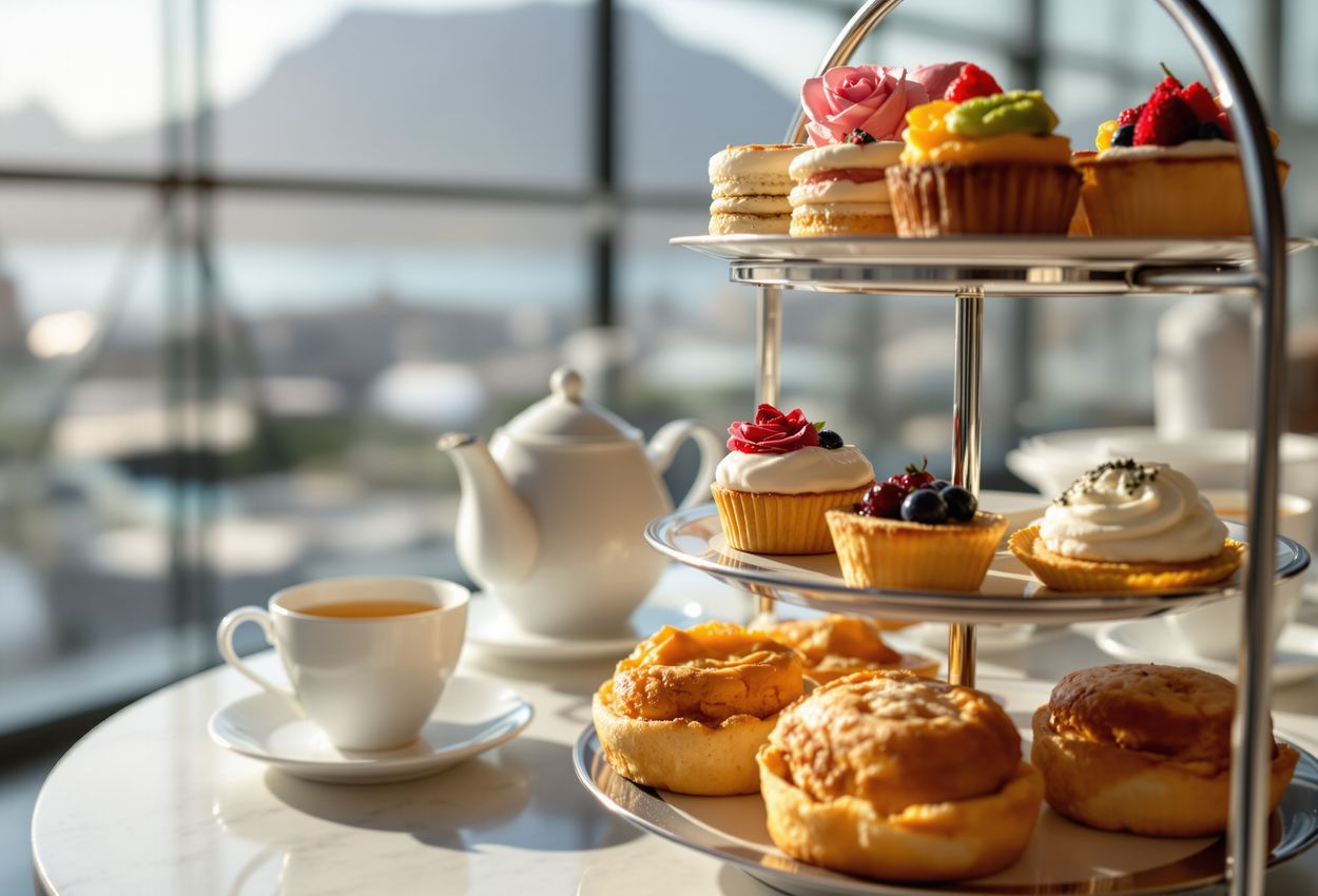 A close‑up view of a tiered tray of delicate pastries and scones at The Granary Café’s Royal Tea, illuminated by warm afternoon light through geometric windows, with Table Mountain softly blurred in the background.