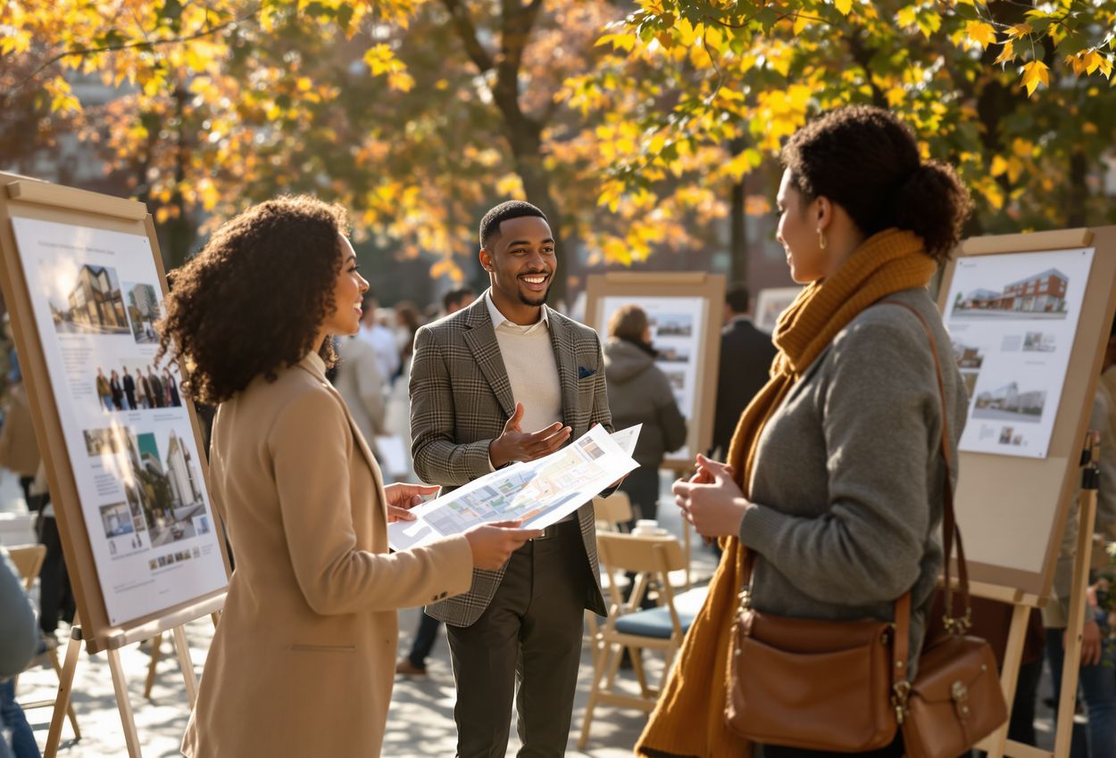 A bright outdoor photograph showing a diverse group—urban planners, developers, residents—engaged in a lively fall community workshop in front of a neoclassical civic building. Warm natural light illuminates expressive faces, textured papers, and detailed architectural background.