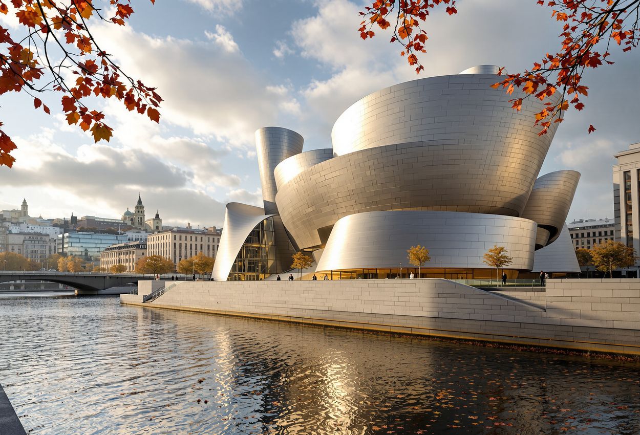 A landscape‑format photograph showing the Guggenheim Museum Bilbao on a partly cloudy autumn day. The titanium‑clad curves shimmer in warm sunlight, with rust‑colored leaves along the Nervión River in the foreground and a few people walking nearby providing scale.