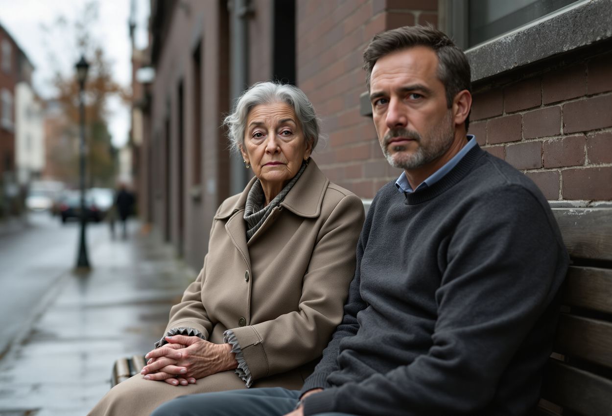 A solemn, hyperrealistic portrait of two displaced residents—a middle-aged woman and a younger man—seated on a weathered bench under overcast autumn skies, their expressions conveying loss, resilience, and quiet dignity, with detailed skin texture and desaturated tones.
