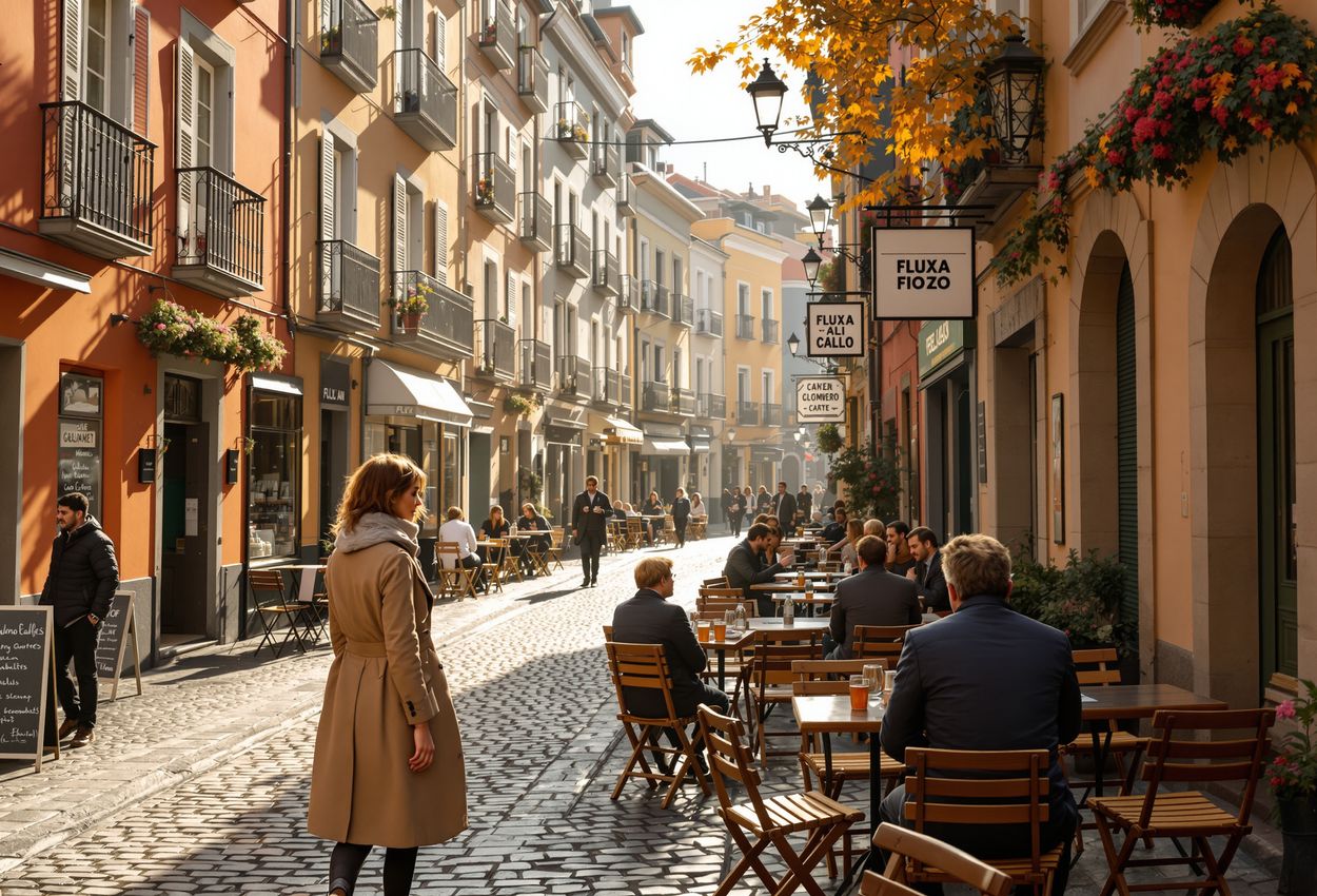 A cobblestone street in Bilbao’s Casco Viejo bathed in warm November sunlight, with colorful buildings, outdoor cafés, people enjoying pintxos and visible architectural details including the Gothic cathedral spire.