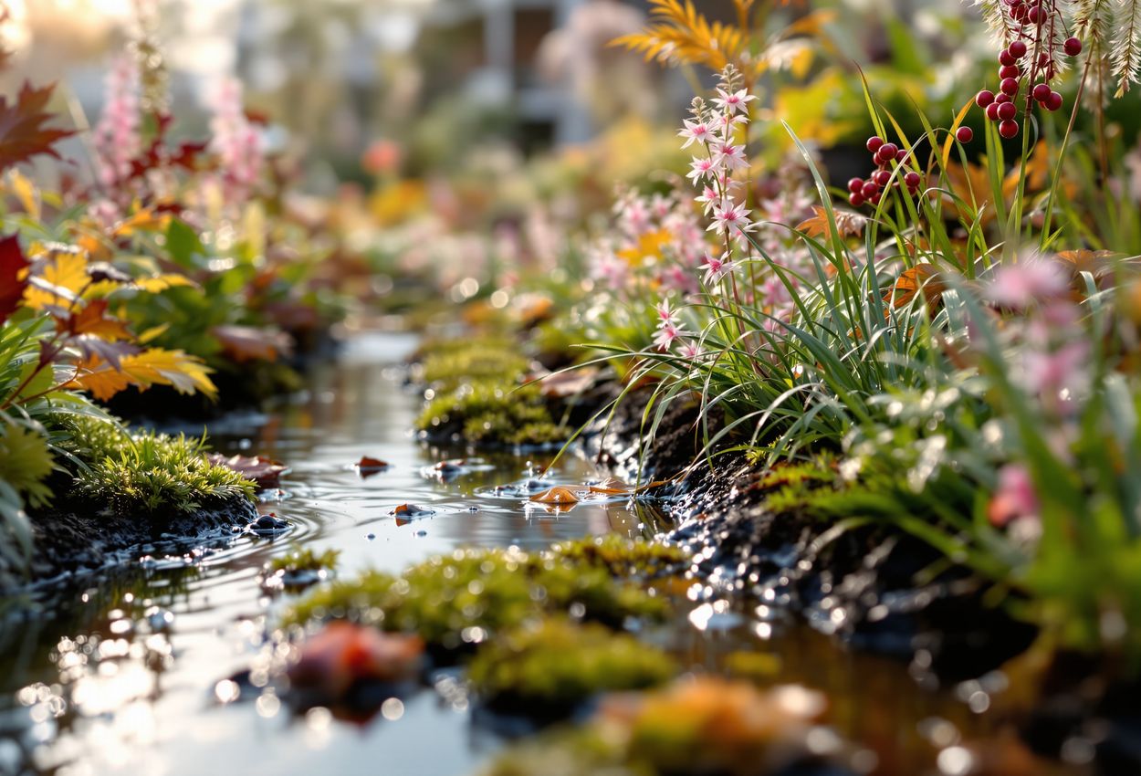 Close‑up view of autumn rain garden integrated into a green roof in a sustainable urban village: burgundy Virginia sweetspire, mauve Joe‑Pye weed, red berries of winterberry, pink muhly grass, textured soil and trickling water under soft overcast light.