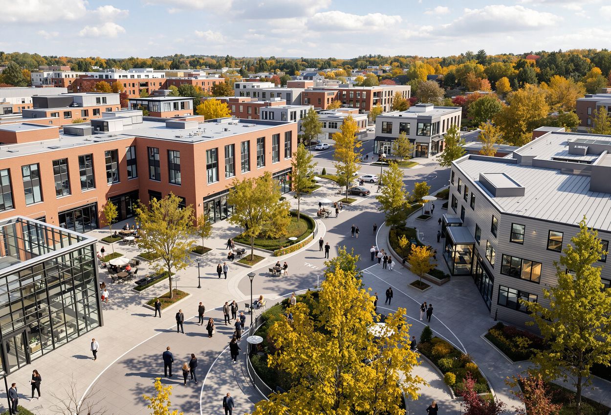 A detailed aerial photograph showing a mixed‑use community with housing, shops, offices, tree‑lined streets and a lively plaza, under crisp fall light, emphasizing design, scale and human activity.
