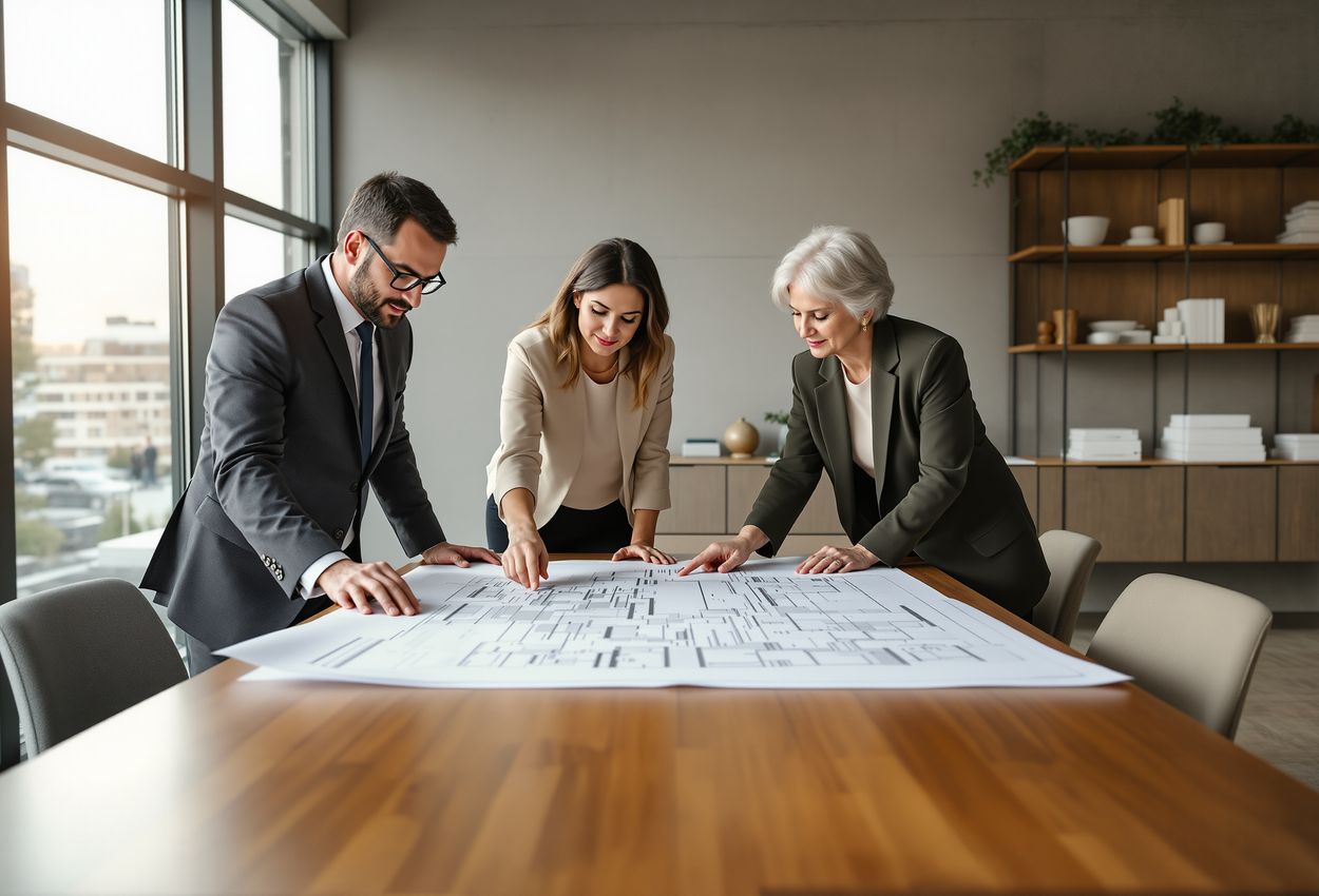 A real‑life scene showing three professionals—a man in his mid‑40s in a charcoal suit, a woman in her early‑30s in cashmere blouse, and a woman in her late‑50s in olive blazer—working together over architectural plans in a modern office, illuminated by warm natural light. Close‑up on expressions, detailed textures of paper, wood, skin, and polished professional styling.