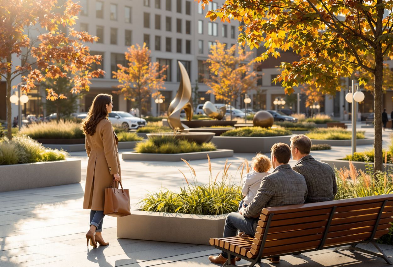 A sunlit autumn afternoon photograph of a revitalized urban plaza featuring a contemporary sculpture, people interacting naturally—stylishly dressed—amid warm-toned paving, foliage, and architecture, conveying community transformation and dignity.
