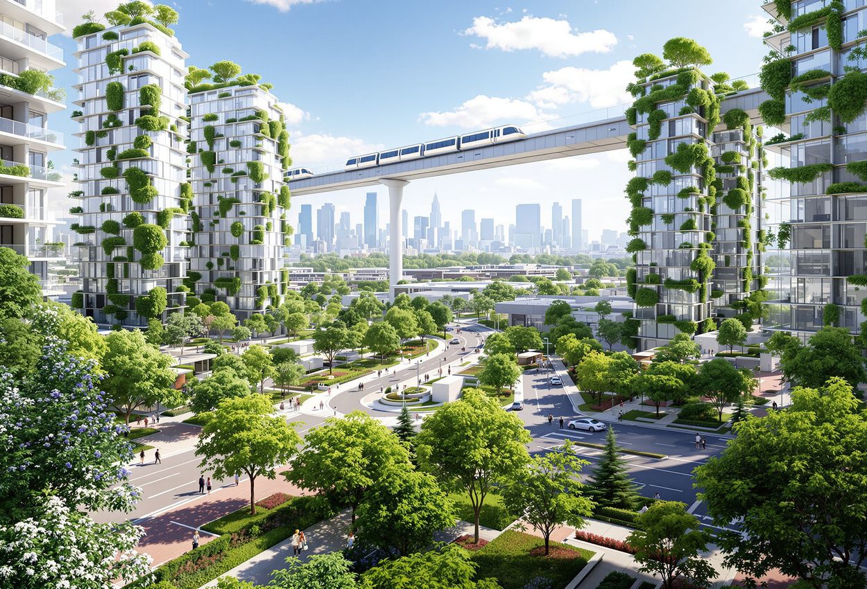 Hyper‑detailed photograph of a futuristic New Urbanist‑inspired city: a pedestrian plaza with green spaces, vertical gardens, transit lines, and high‑density housing under clear daylight, composed with leading lines and golden‑ratio balance.