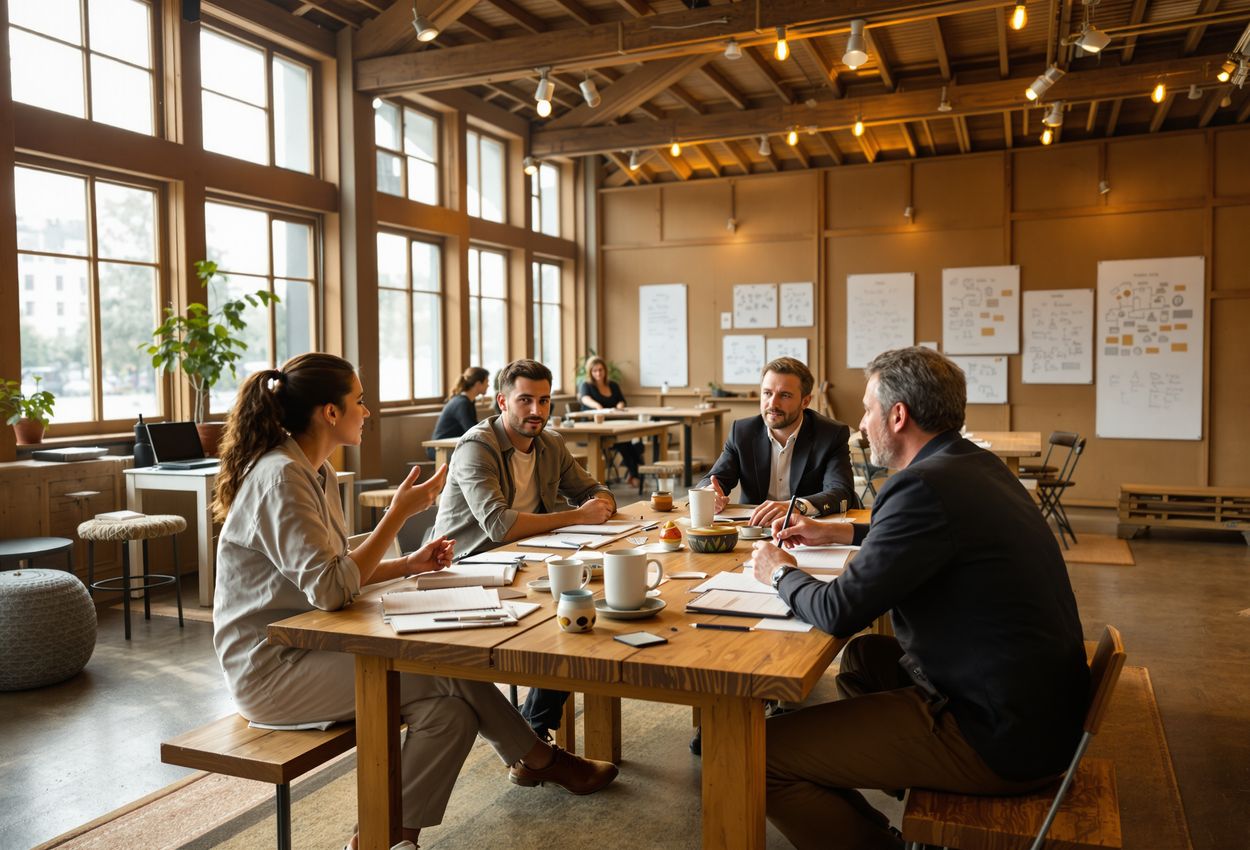 Interior scene of a communal workshop space at Documenta Fifteen. The image shows people of different ages and genders engaging in discussion and creative activity around tables with sketches and materials. The warm lighting highlights wooden furniture, ceramic mugs, panel sketches, and architectural beams, conveying a sense of collaborative creativity and informal atmosphere.