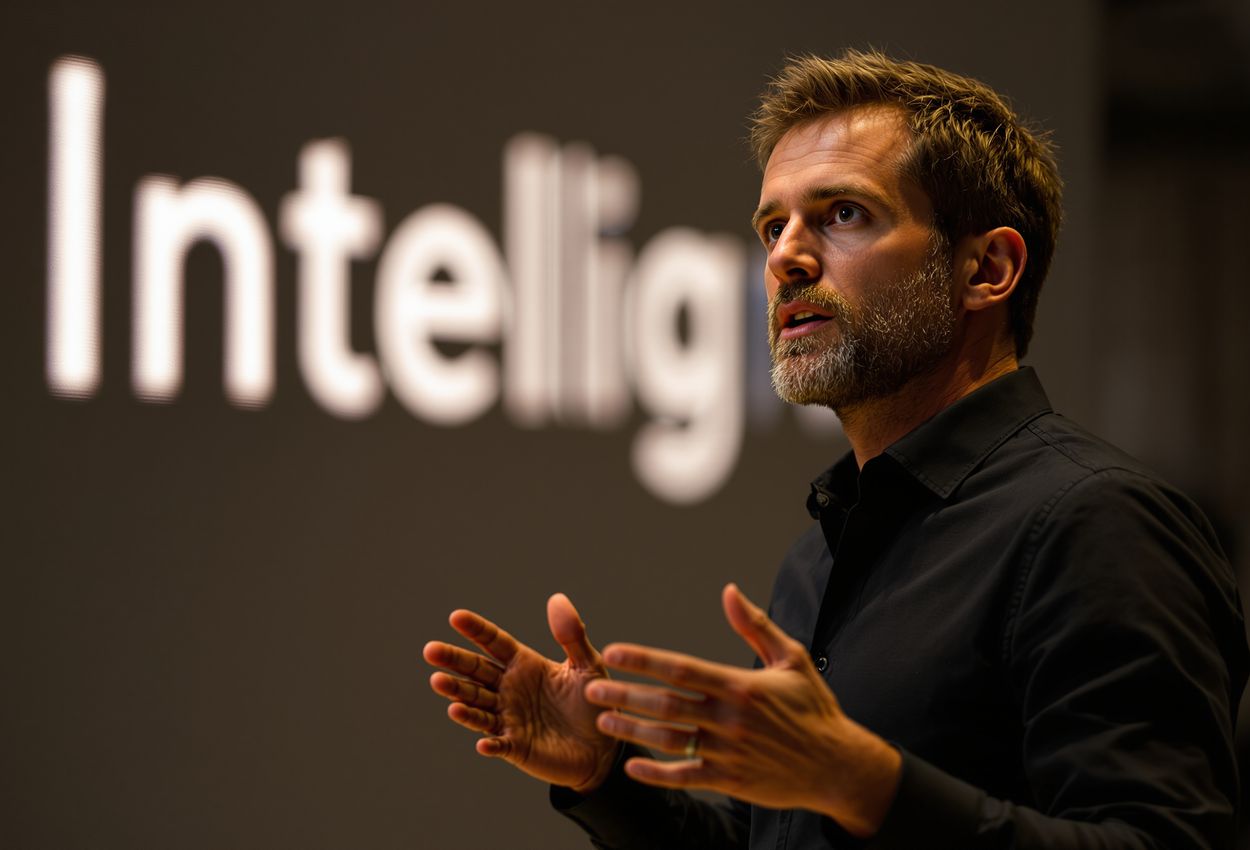 Close‑up portrait of Carlo Ratti presenting the ‘Intelligens’ theme at the Biennale on May 8, 2025. Warm stage lighting highlights his expressive face and gestures, with the audience softly blurred in the background.