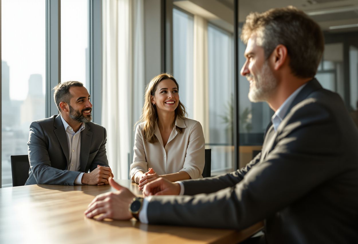 A candid photograph showing three architects and designers in a modern conference room, lit by soft natural light through a large window. Their expressions and gestures convey thoughtful engagement and expertise, set against a warm, collaborative atmosphere.