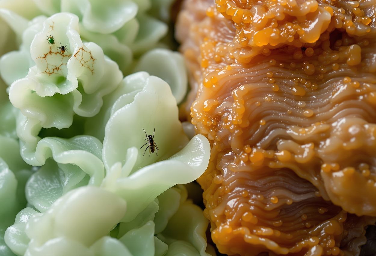 A highly detailed macro image showing a jadeite cabbage next to a meat‑shaped jasper stone displayed at the National Palace Museum in Taipei; the jade exhibits layered green‑white textures and tiny carved insects; the jasper mimics braised pork with layered coloration and surface dimples.