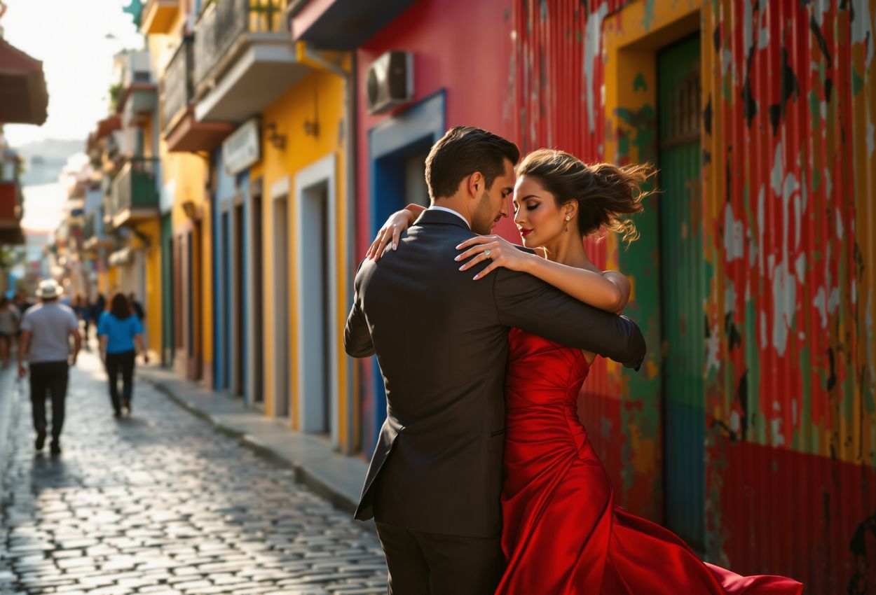 A street scene showing a male and female tango dancer performing passionately on the cobblestones of Caminito in La Boca, Buenos Aires at sunset, with colorful weathered buildings in the background and onlookers holding cameras.