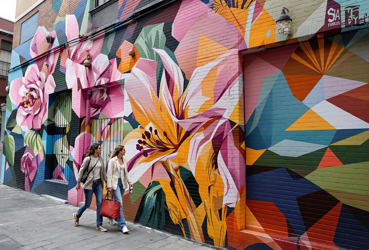 A hyper‑realistic street photograph of Palermo Soho in Buenos Aires, showing two stylish pedestrians interacting with vividly detailed murals under soft daylight; the image captures rich textures of brick, peeling paint, and mural ink, with natural skin tones and a balanced, cinematic composition.