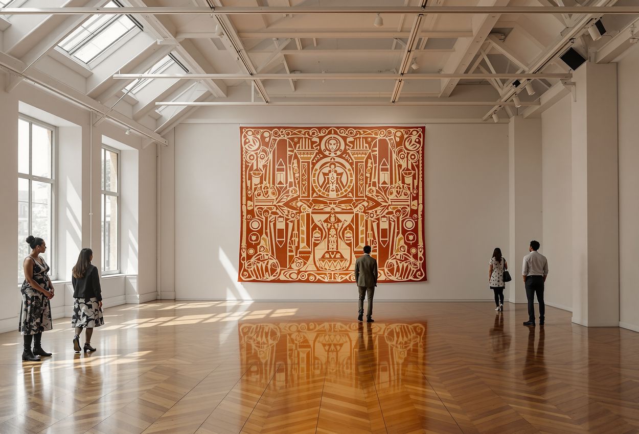 A museum‑style photograph showing a New Zealand queer Indigenous collective installation. Visitor interacts with a richly textured tapa‑cloth banner under soft skylight, portraits in the background, capturing cultural motifs, human presence, and gallery ambiance.
