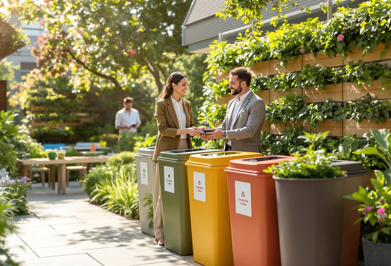 A bright daylight photograph shows color‑coded recycling bins, a compost tumbler table, two people collaborating amid lush vertical planters and a solar canopy, exuding realistic textures and eco‑friendly design in an urban sustainable garden.