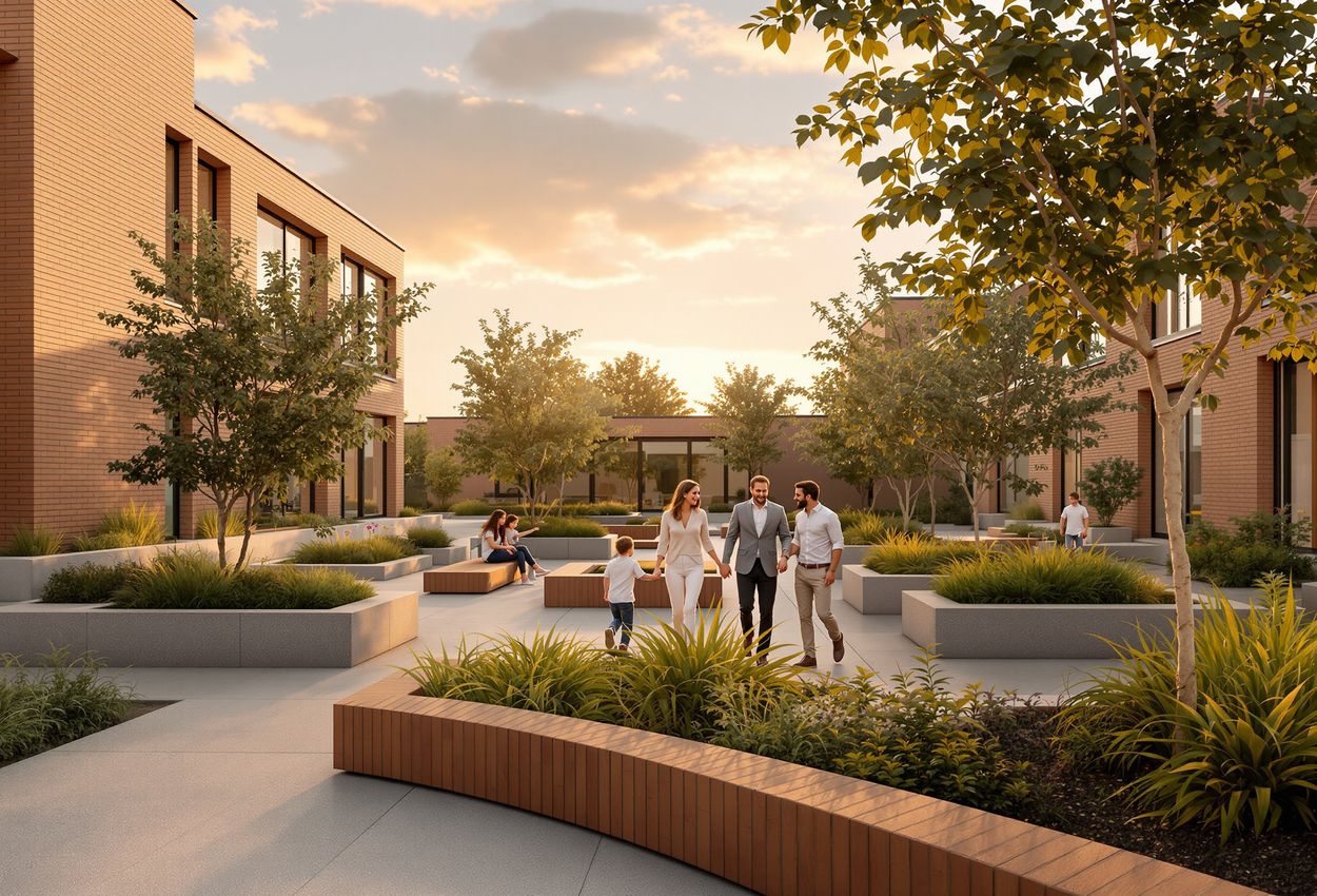 A warm golden‑hour photograph of an affordable housing courtyard shows an architect guiding a family amid textured terracotta walls, green planting, and inviting communal space, with people in natural poses conveying inclusion and community.