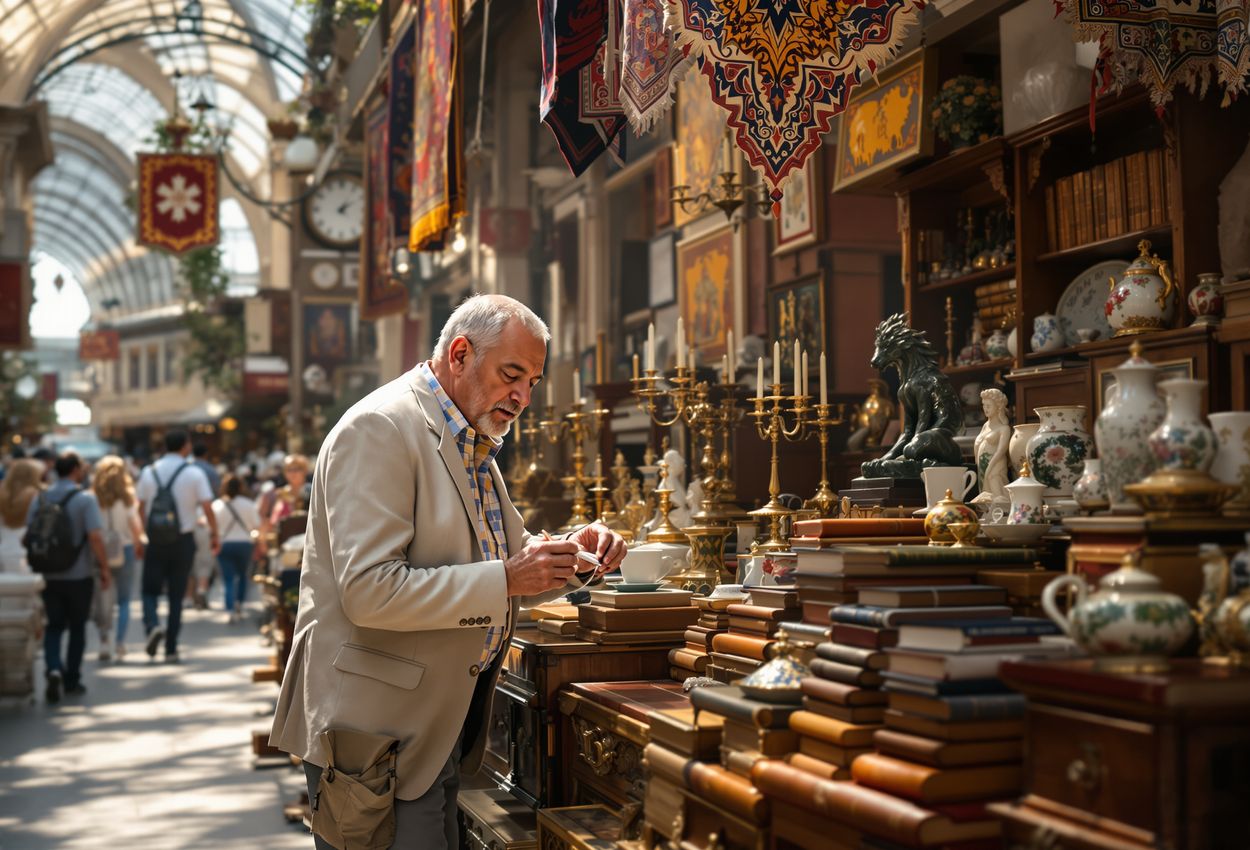 A richly detailed photo of an antique market stall inside San Telmo market in Buenos Aires, taken on a spring Sunday. A middle‑aged male vendor stands behind a stall filled with worn wooden furniture, brass objects and vintage rugs, warmly lit by natural light under the historic iron‑framed glass roof, while softly blurred visitors browse in the background.