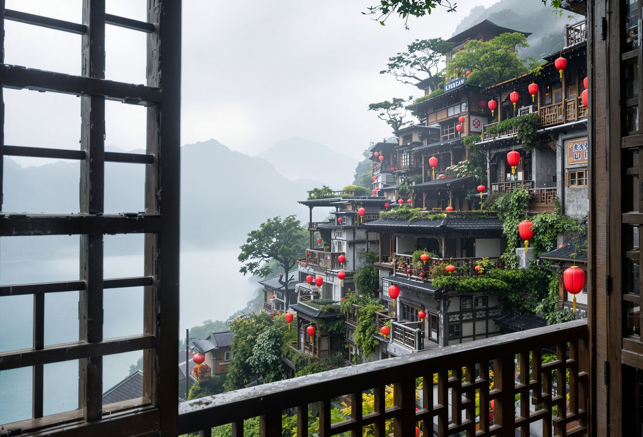 Photograph of mist-shrouded hillside teahouses in Jiufen, Taiwan on an overcast November morning, showing weathered wood architecture, glowing red lanterns, cobbled terraces, and distant coastal mountains through soft natural light.