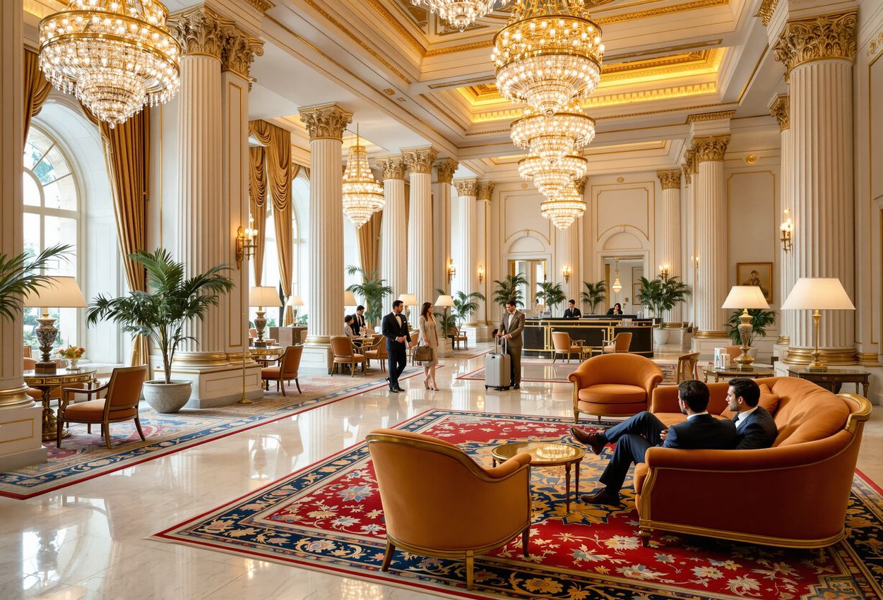 A wide‑angle view of the luxurious Alvear Palace Hotel lobby in Buenos Aires, with crystal chandeliers, marble floors and columns, antique velvet armchairs, and guests checking in at the front desk under warm inviting lighting.