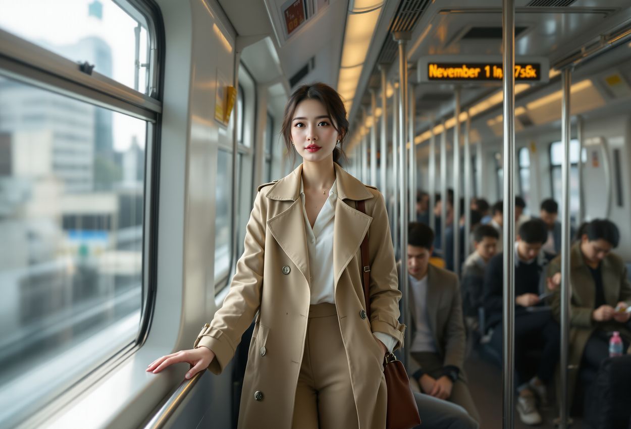 A bright, hyper‑realistic scene inside a Taipei MRT train on November 1, 2025, showing diverse passengers—with lifelike skin textures and stylish attire—interacting naturally under soft daylight in a modern carriage, capturing urban travel efficiency.