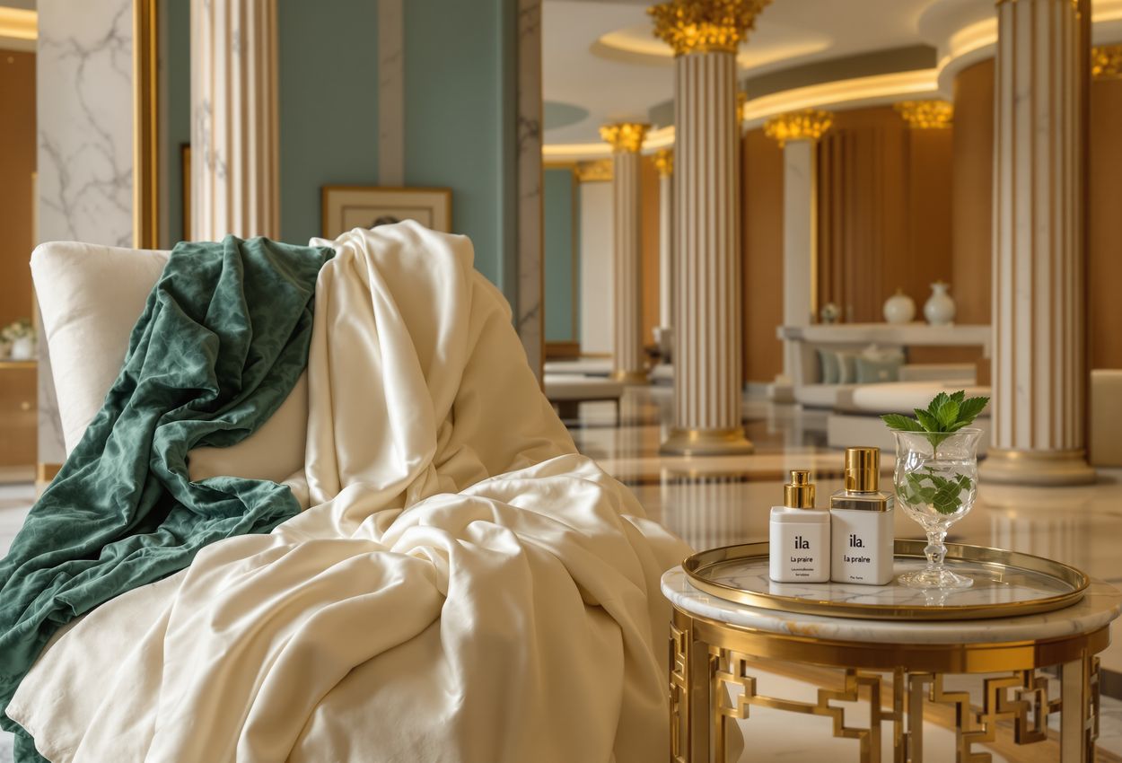 An elegant wide‑angle view of a refined spa interior: cream and deep green silk robes draped on a marble lounge chair, a brass tray with essential oil bottles and a refreshingly garnished beverage, all set within pale peacock‑blue satin walls, honey oak paneling and neoclassical architectural details in a plush London spa.