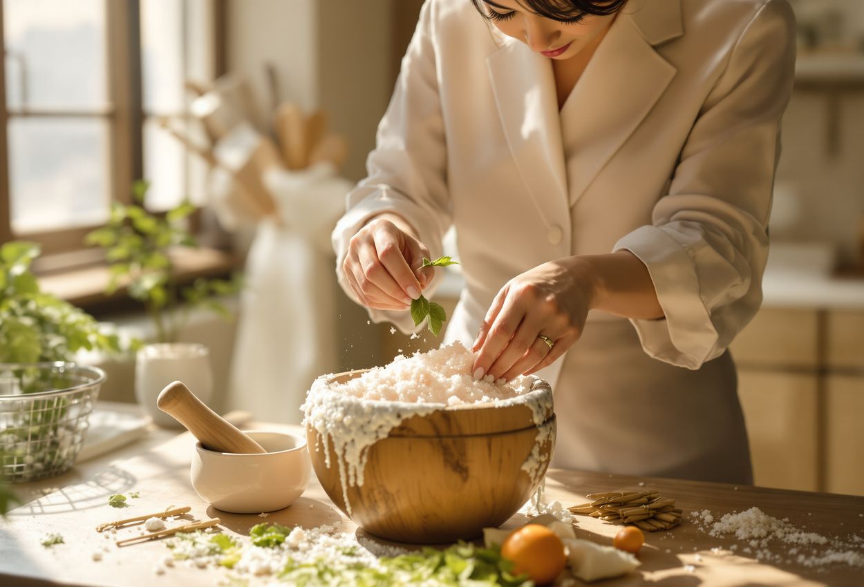 A wellness therapist assists a guest in mixing herbs, salts and clays for a personalized scrub in Asaya’s airy, calming atelier with natural light, detailed textures, and thoughtful interior design.