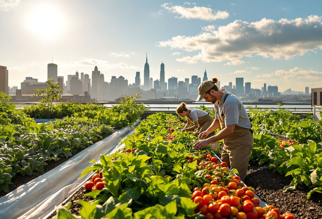 Wide landscape image of an organic rooftop farm high above Brooklyn Navy Yard on a clear late‑September afternoon, with rows of leafy greens and tomatoes, two workers tending crops, and the Manhattan skyline bathed in warm light in the distance.