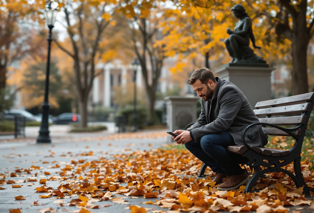 A daytime photograph of a casually dressed man crouching by a park bench next to a bronze statue amid fallen leaves, viewed through soft daylight. Foreground leaves blur into the frame; mid‑ground shows the man examining a hidden geocache with a GPS device; background includes historic architecture and autumn foliage, all in crisp yet natural detail.