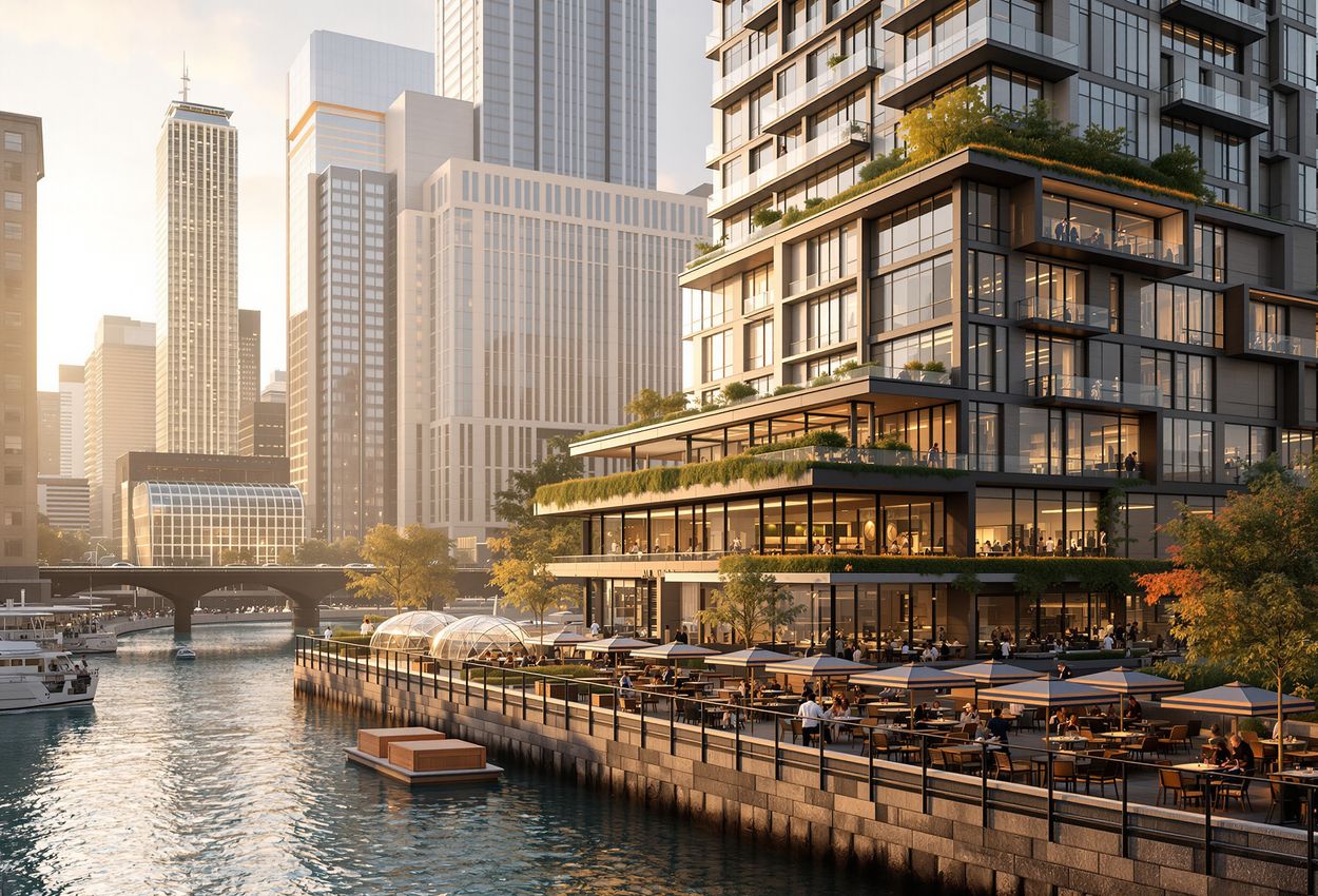 An autumn afternoon view of a contemporary hotel with a living green roof and integrated solar panels viewed from eye‑level along Chicago’s Riverwalk, with people strolling and engaging in activities in warm daylight.
