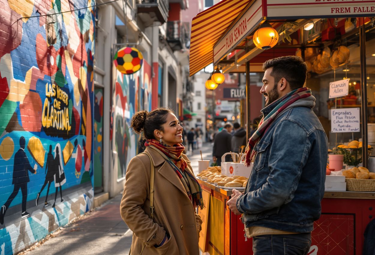 A slightly elevated view of a vibrant Mission District street in San Francisco on an early November morning: richly colored murals on stucco buildings, a middle-aged Latina woman and a young Latino man interacting near a food stall, textures of paint and architecture rendered in crisp natural light.