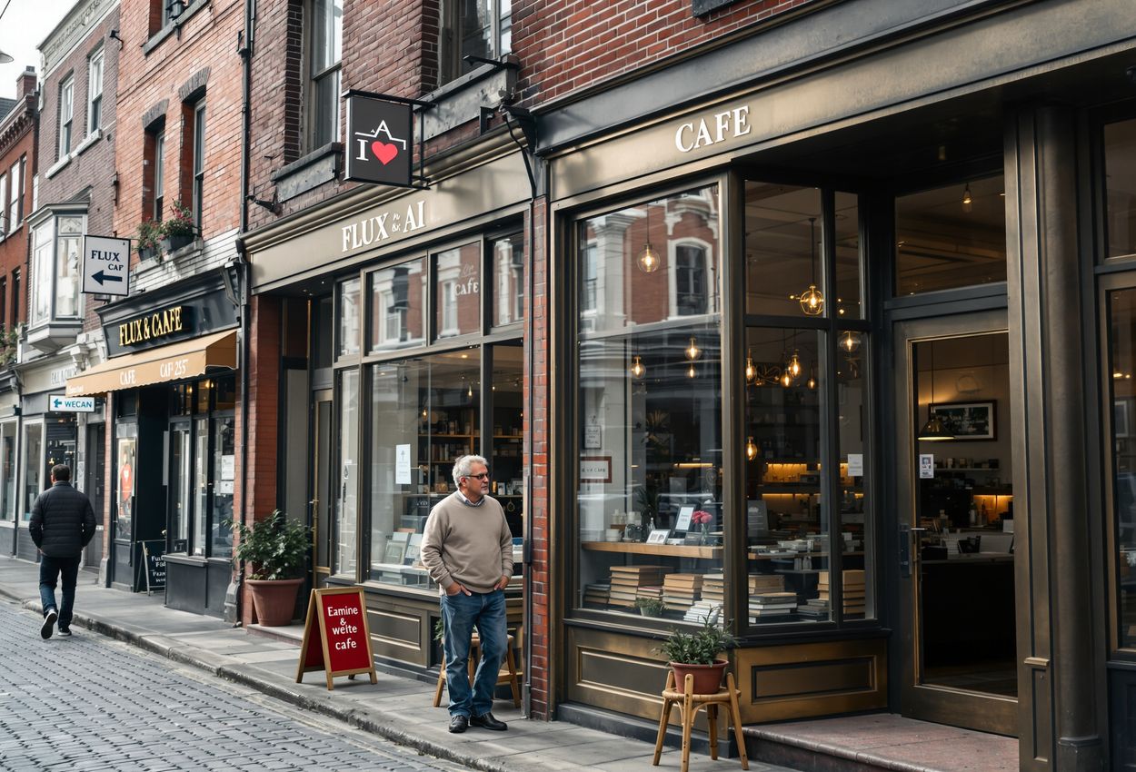 A high‑resolution photograph showing a cobblestone street in a gentrifying neighborhood at mid‑morning, with an older male shopkeeper standing outside a weathered bookstore and a young female barista exiting a sleek new café, highlighting the architectural contrast and changing community.