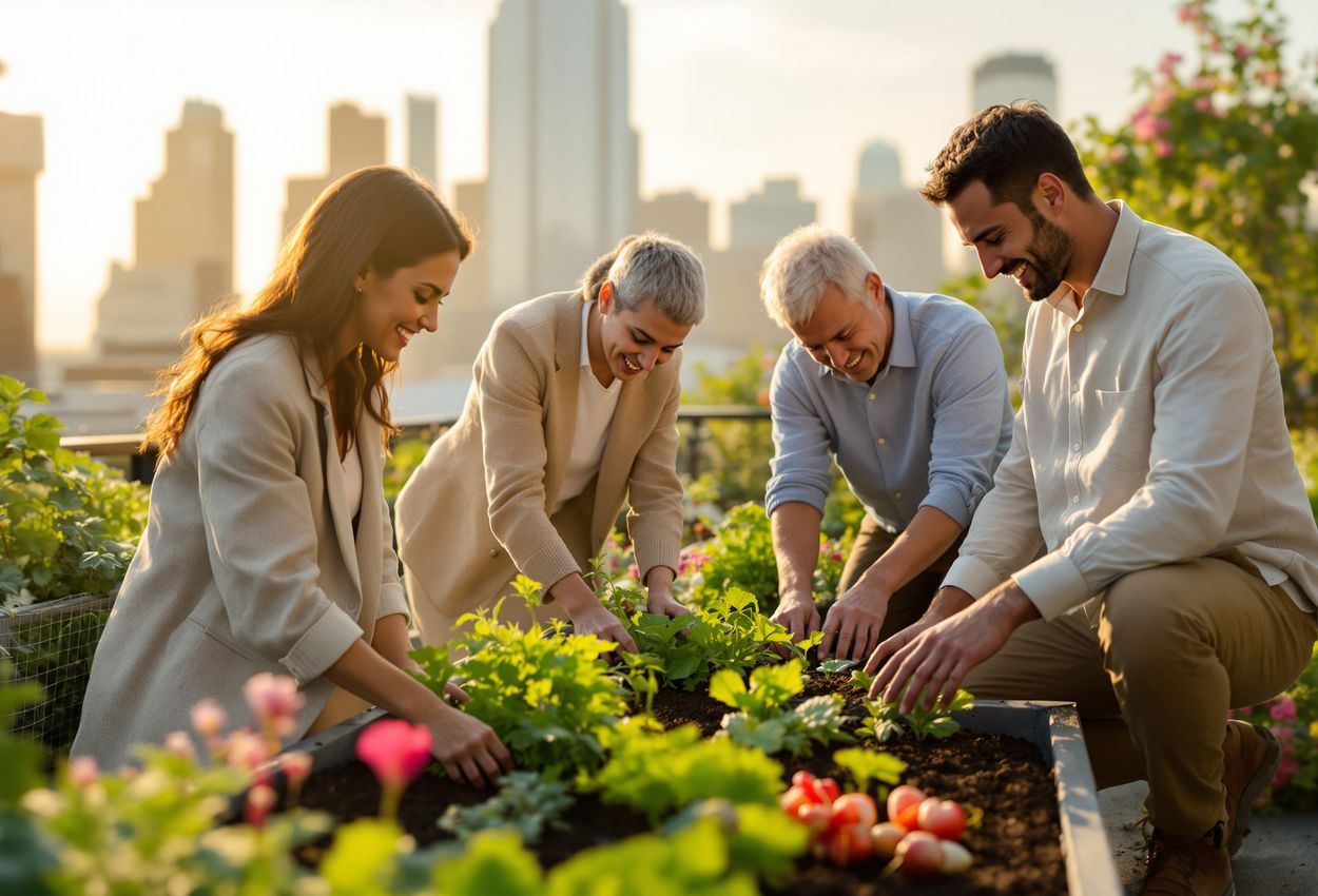 A spring rooftop garden at golden hour with diverse residents planting herbs and vegetables amid lush blooms and panoramic city skyline, faces showing natural skin details and warm, collaborative atmosphere.