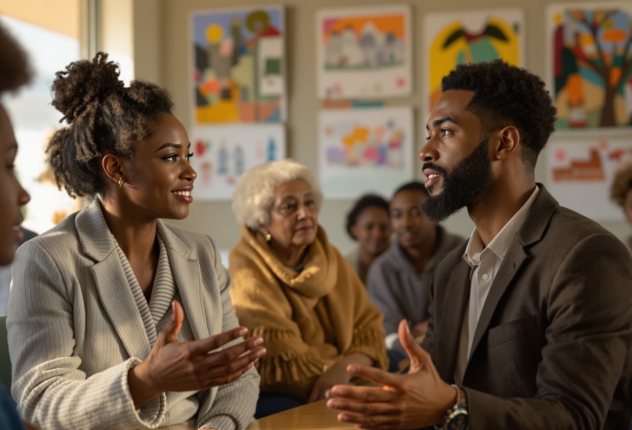 Close‑up of a diverse group of residents in a community center meeting, warm natural window light illuminating expressive faces engaged in conversation, textured posters on walls visible, evoking a sense of trust, participation and collaboration.