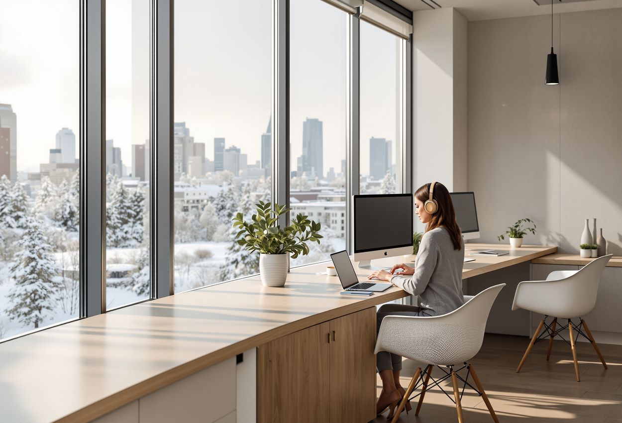 A bright, modern co‑working lounge inside a co‑living community. Natural morning light streams through large windows revealing a snow‑covered cityscape. Sleek desks, ergonomic chairs, and tech devices fill the space. Professionals in smart casual attire work and collaborate, skin and fabric textures rendered in lifelike detail, evoking quiet innovation and elegance.