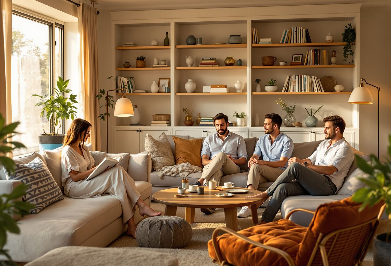 A sunlit communal lounge in summer late afternoon, with plush sofas, armchairs, and floor cushions arranged around a bookshelf. Residents are reading, chatting, and playing board games. The warm lighting highlights natural textures like wood, upholstery, and decorative objects, conveying a relaxed, inviting sense of community and comfort.