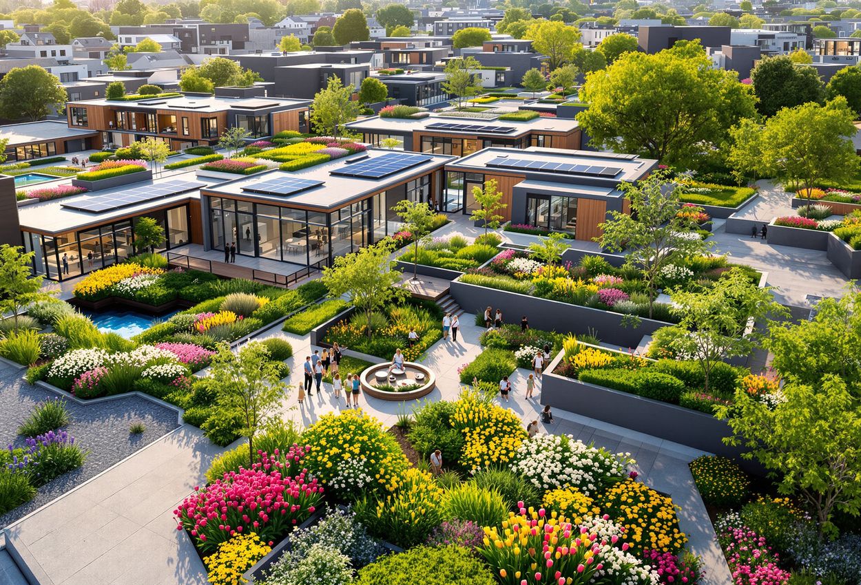 Bright aerial view of a modern co‑living community in spring, showing rooftop gardens in full bloom, solar panels, rainwater harvesting, compost bins, green architecture and courtyards under mid‑morning light.