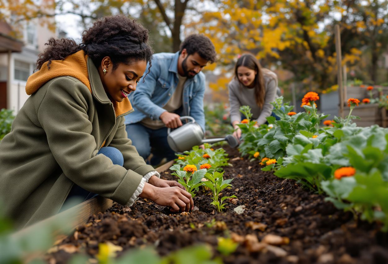 A realistic photo of diverse individuals planting vegetables and flowers together in a neighborhood community garden in late November; warm afternoon light, visible soil and plant details, worn clothing textures, and a backdrop of brick buildings and autumn trees.