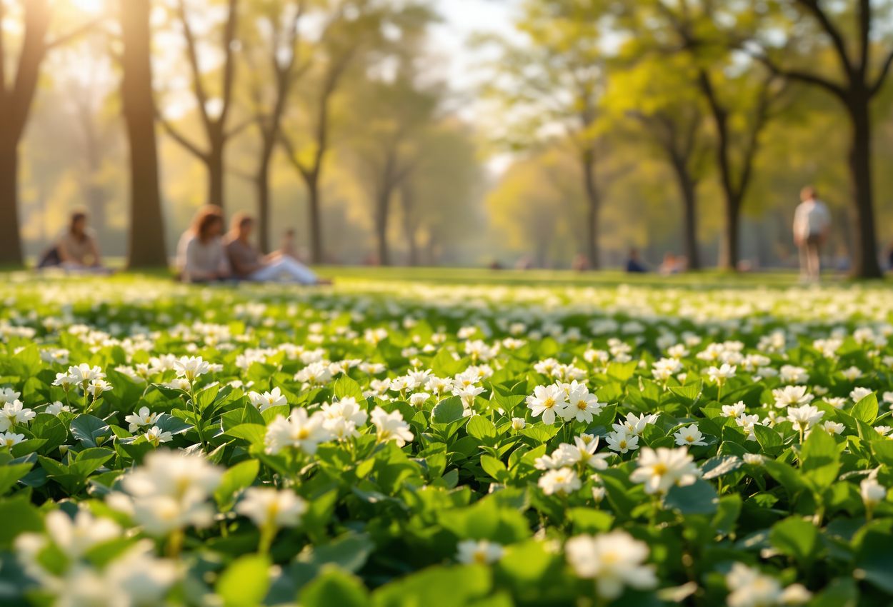 A landscape photograph capturing a carpet of clover in sharp focus in the foreground, softly sunlit under an afternoon sky. Background shows blurred people enjoying the urban park, conveying a tranquil and optimistic spring moment.