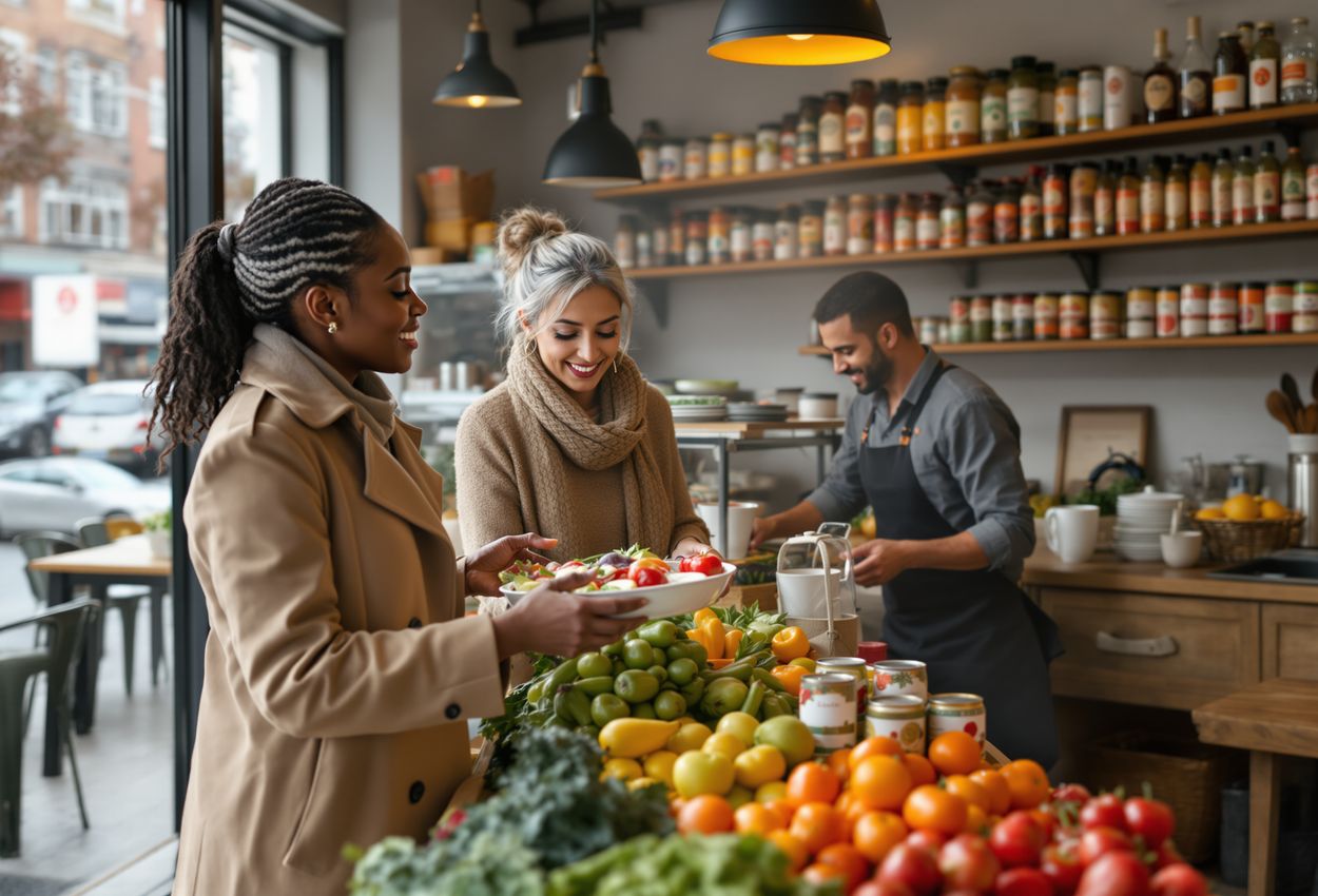 Eye-level view inside a community‑operated social supermarket in West Norwood, London, on 1 November 2025. Two women selecting affordable surplus produce in foreground, attendant stocking shelves in middle ground, café counter visible in background, soft autumn daylight, warm, inclusive atmosphere.